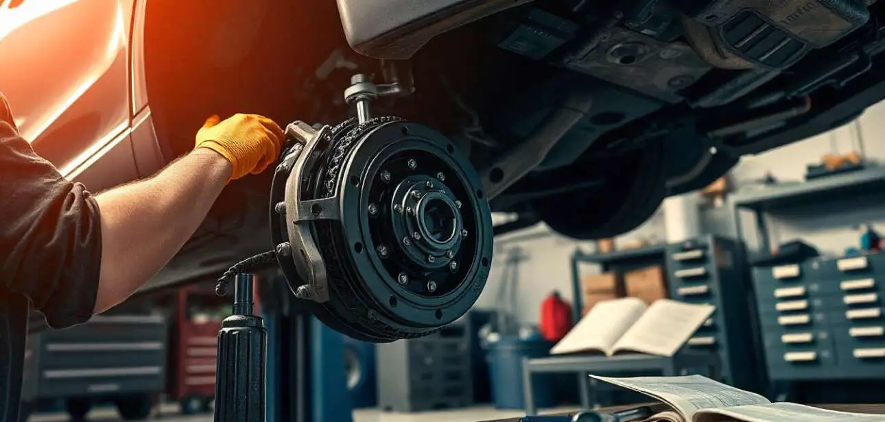 Mechanic repairing a car clutch system in a garage, using professional tools like a wrench and clutch alignment tool, with the car lifted on a jack and the transmission exposed.