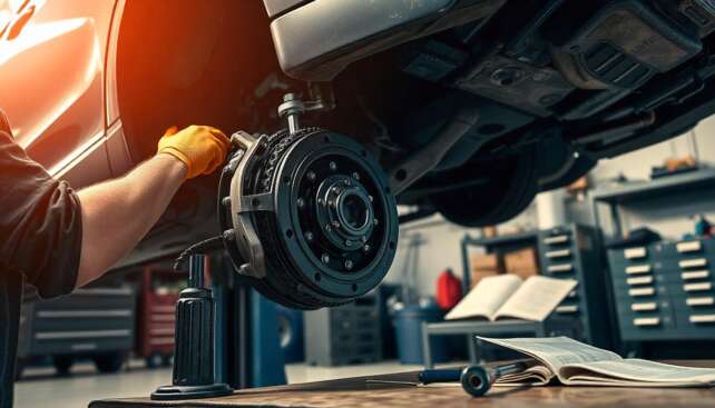 Mechanic repairing a car clutch system in a garage, using professional tools like a wrench and clutch alignment tool, with the car lifted on a jack and the transmission exposed.