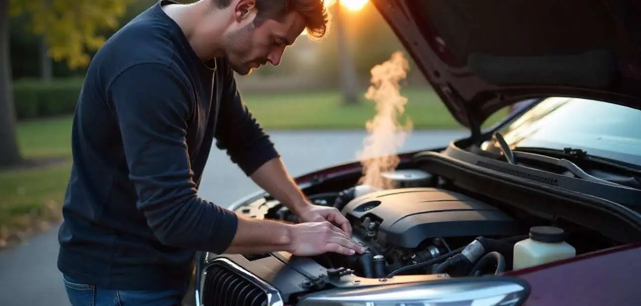 Person checking a car radiator and coolant levels to fix an overheating engine, with the hood open and steam visible, surrounded by tools in a driveway setting.