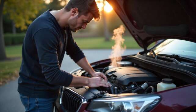 Person checking a car radiator and coolant levels to fix an overheating engine, with the hood open and steam visible, surrounded by tools in a driveway setting.