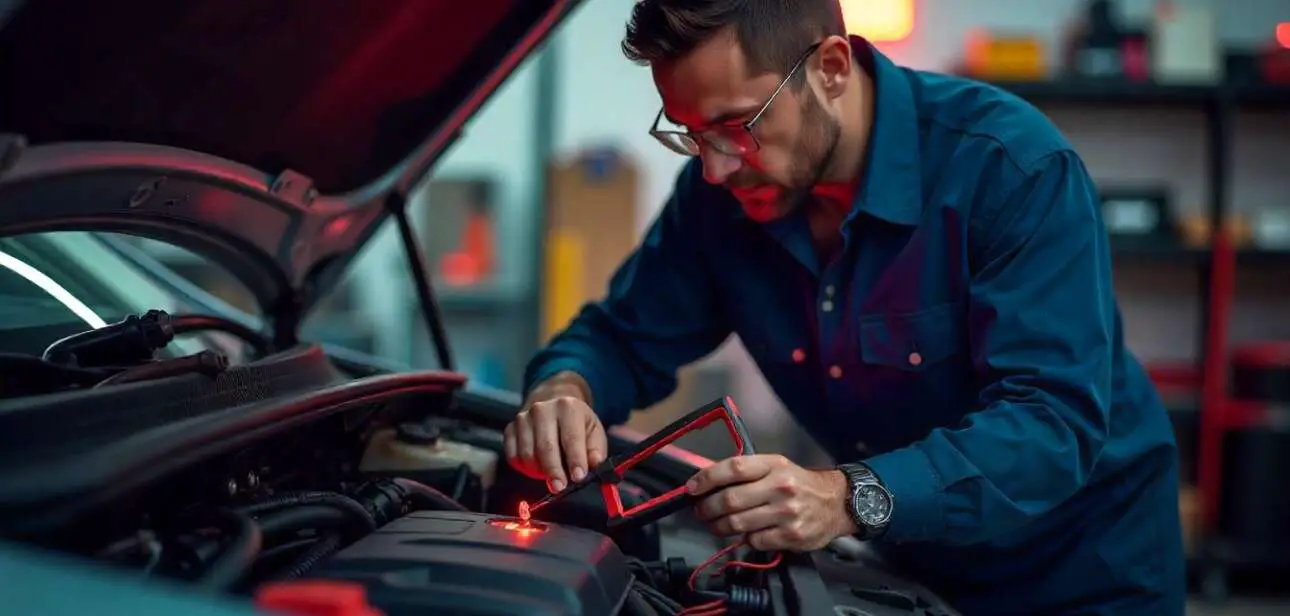 Electrician repairing electrical wiring, using tools like a multimeter and wire strippers, with exposed wires in a well-lit work area