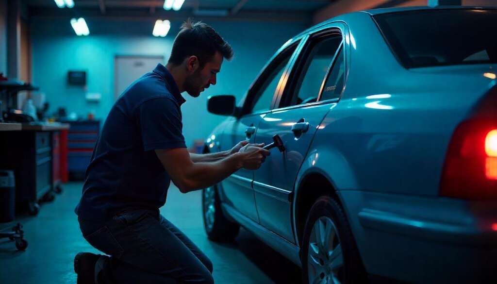 Mechanic repairing a damaged car door in a well-equipped garage, using tools like a hammer and dent puller to fix dents, with the door partially disassembled and the car elevated on a jack.