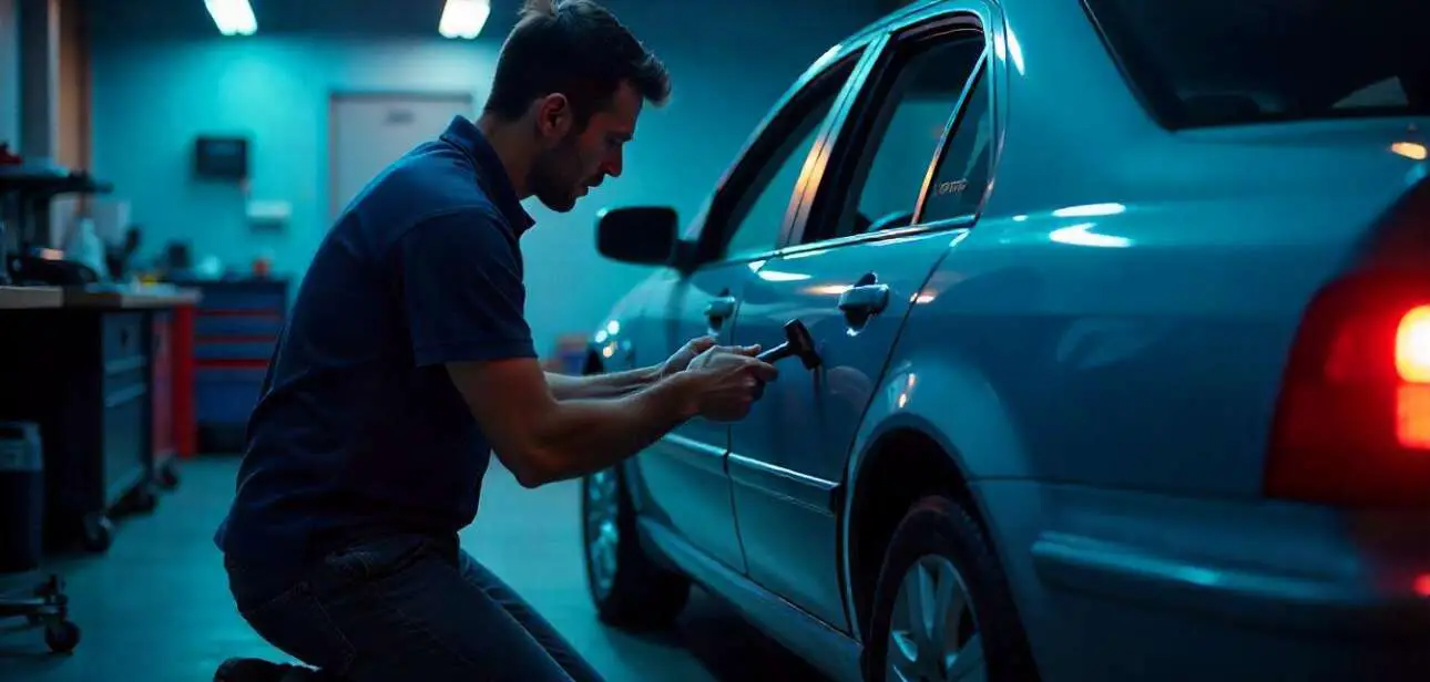 Mechanic repairing a damaged car door in a garage, using tools such as a hammer and dent puller to fix a dented area, with the car lifted on a jack and the door partially disassembled.