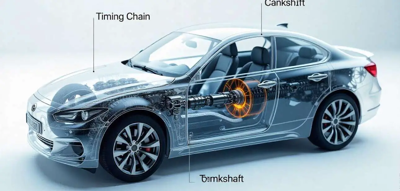 Detailed illustration of a transparent car engine, highlighting the timing chain connecting the crankshaft and camshaft. Key components such as the timing chain, crankshaft, camshaft, tensioner, and guides are clearly labeled. The semi-transparent engine is shown with its internal mechanics visible through the car body, with text overlays explaining each part. The background is neutral, emphasizing the engine's intricate structure and the role of the timing chain in engine performance.