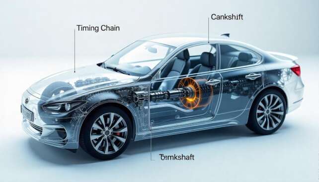 Detailed illustration of a transparent car engine, highlighting the timing chain connecting the crankshaft and camshaft. Key components such as the timing chain, crankshaft, camshaft, tensioner, and guides are clearly labeled. The semi-transparent engine is shown with its internal mechanics visible through the car body, with text overlays explaining each part. The background is neutral, emphasizing the engine's intricate structure and the role of the timing chain in engine performance.