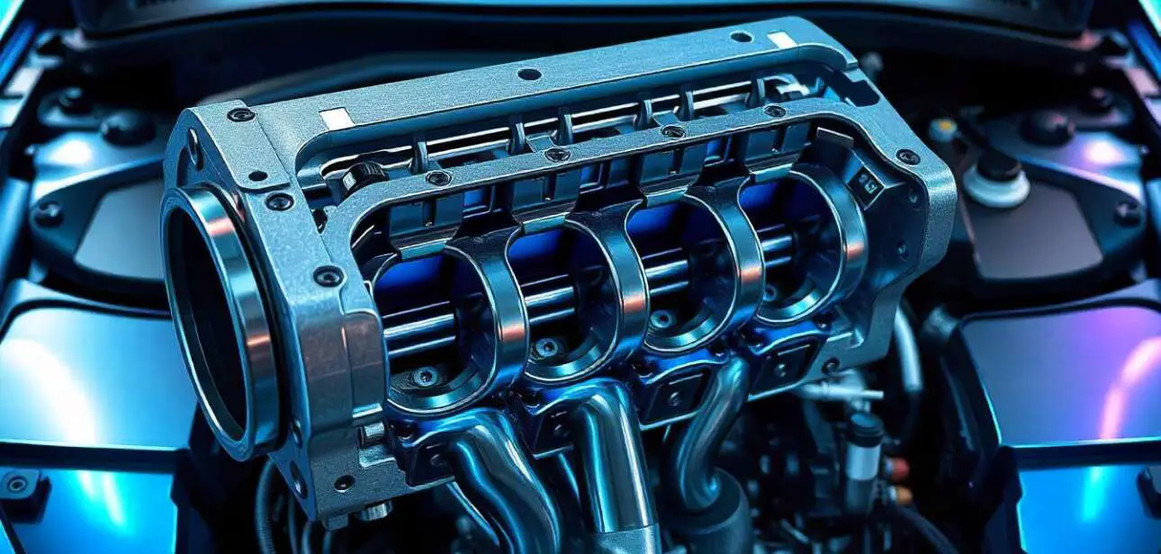 Illustration of an automotive intake manifold with labeled components, including the plenum chamber, intake runners, throttle body, and manifold gasket. The cutaway view highlights internal airflow pathways, showing air movement from the plenum chamber to the engine cylinders, set against a modern car engine bay background.