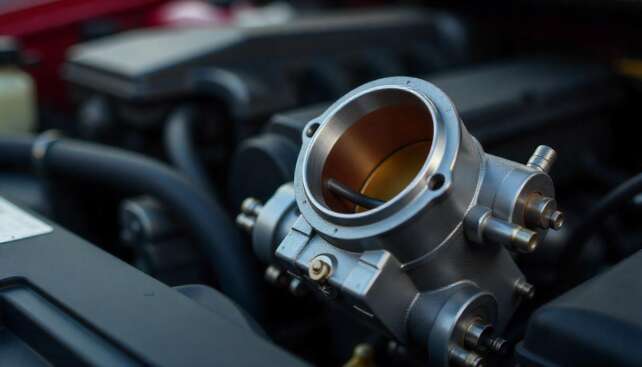 Close-up of a clean throttle body in a car engine, highlighting its components and airflow function for optimal engine performance.