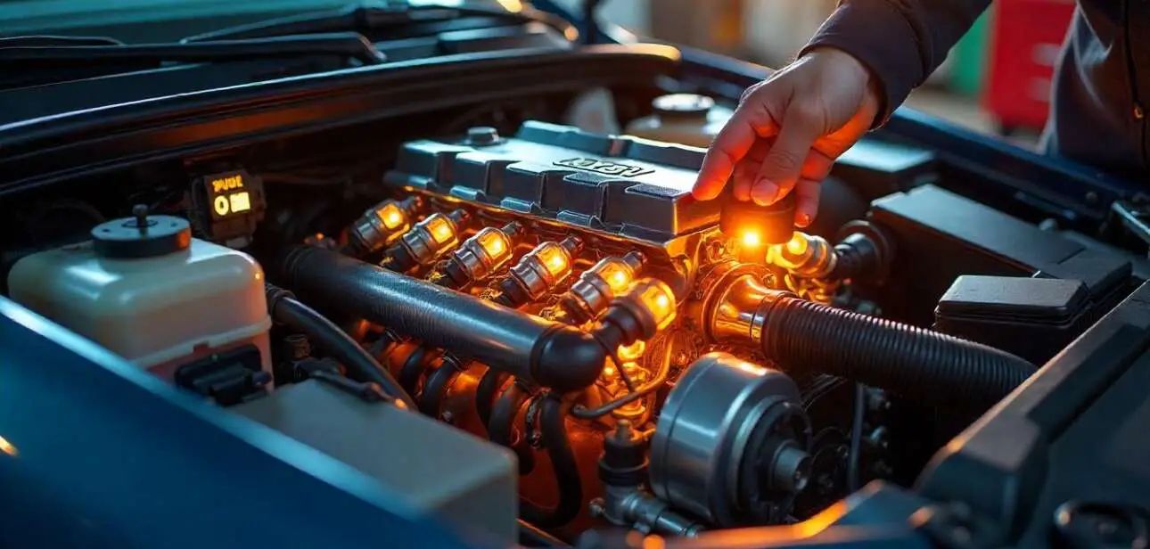 Illustration of a car engine with labeled components such as spark plugs, ignition coils, fuel injectors, and vacuum hoses, highlighting common causes of engine misfires. A mechanic uses an OBD-II scanner to diagnose trouble codes, with a clean workshop background for an educational and technical presentation.