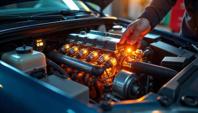 Illustration of a car engine with labeled components such as spark plugs, ignition coils, fuel injectors, and vacuum hoses, highlighting common causes of engine misfires. A mechanic uses an OBD-II scanner to diagnose trouble codes, with a clean workshop background for an educational and technical presentation.