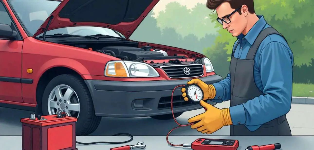 A person checking the fuel pump functionality of a car at home by using a fuel pressure gauge attached to the engine's fuel rail. The car hood is open, and tools such as gloves, a multimeter, and a repair manual are placed nearby. The setting is a clean home garage or driveway with the car in focus.